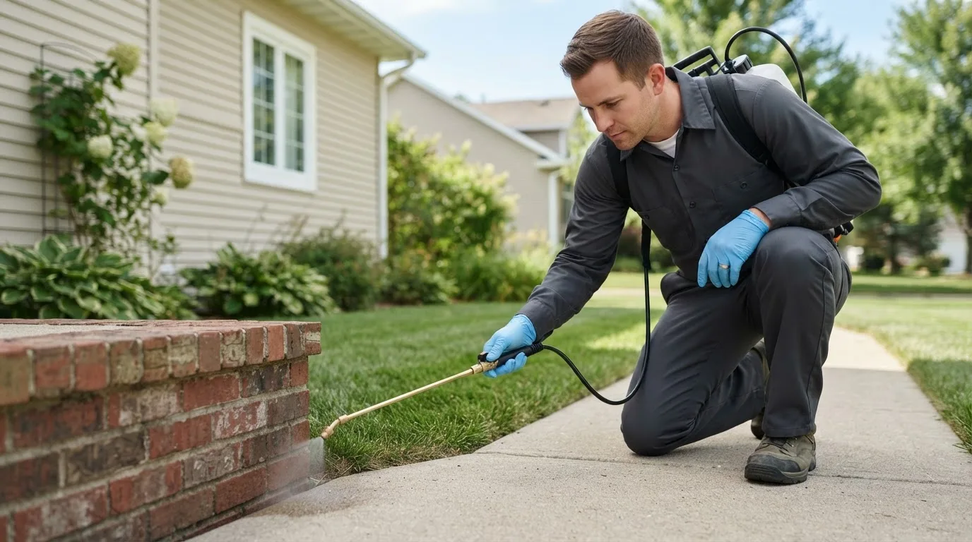 Pest control technician treating a home near Guilford, MO